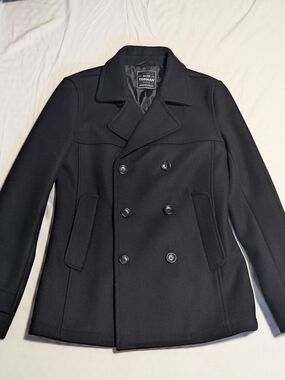 Topman Men's Black Double-Breasted Wool Peacoat